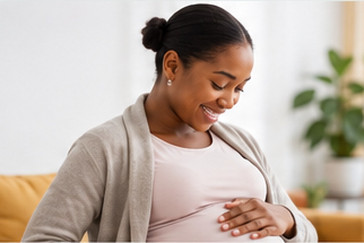 Pregnant woman resting at home and touching her belly